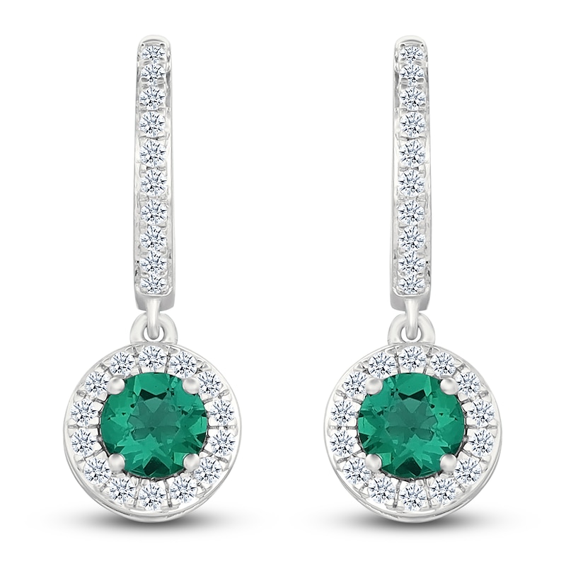 Main Image 1 of Lab-Created Emerald & White Lab-Created Sapphire Dangle Hoop Earrings Sterling Silver