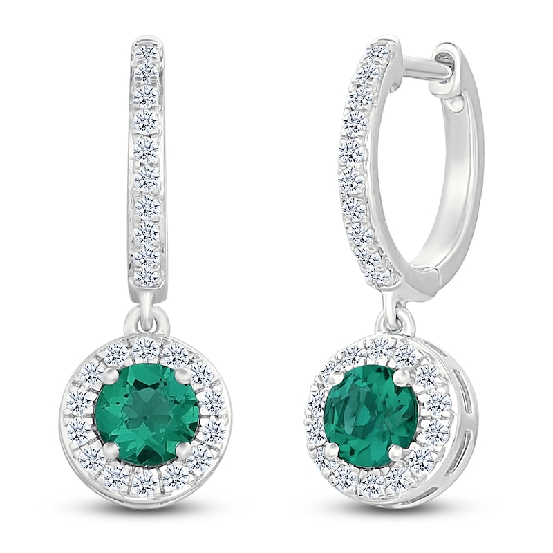 Main Image 2 of Lab-Created Emerald & White Lab-Created Sapphire Dangle Hoop Earrings Sterling Silver