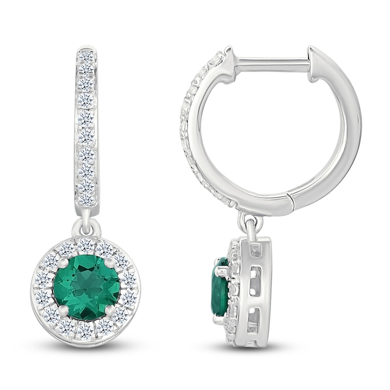 Main Image 3 of Lab-Created Emerald & White Lab-Created Sapphire Dangle Hoop Earrings Sterling Silver