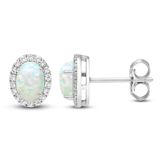 Oval-Cut Lab-Created Opal & White Lab-Created Sapphire Halo Stud Earrings Sterling Silver