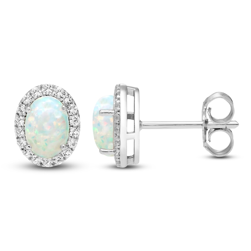 Main Image 1 of Oval-Cut Lab-Created Opal & White Lab-Created Sapphire Halo Stud Earrings Sterling Silver