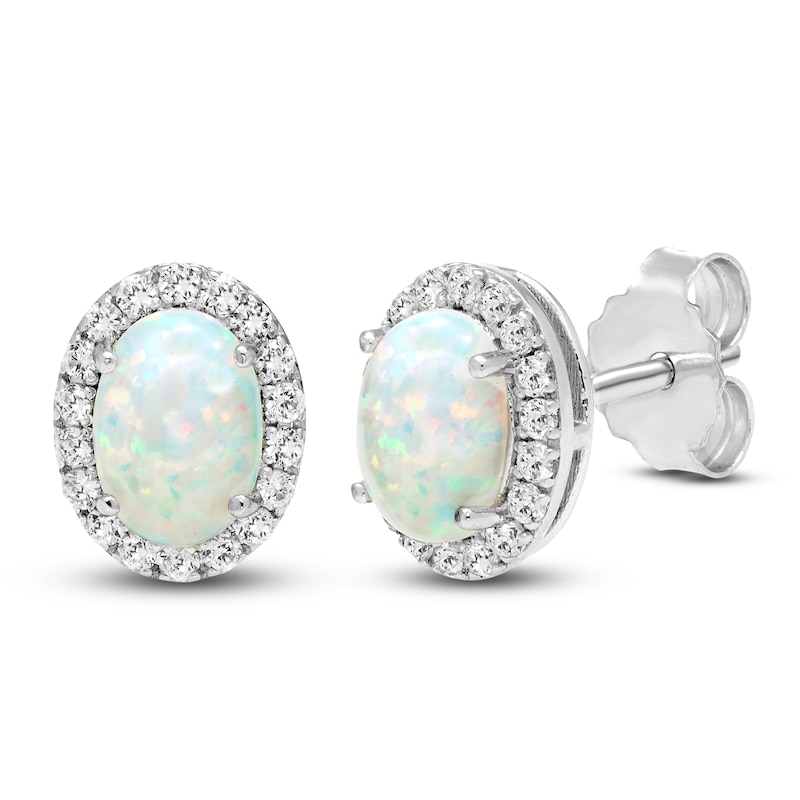 Main Image 2 of Oval-Cut Lab-Created Opal & White Lab-Created Sapphire Halo Stud Earrings Sterling Silver