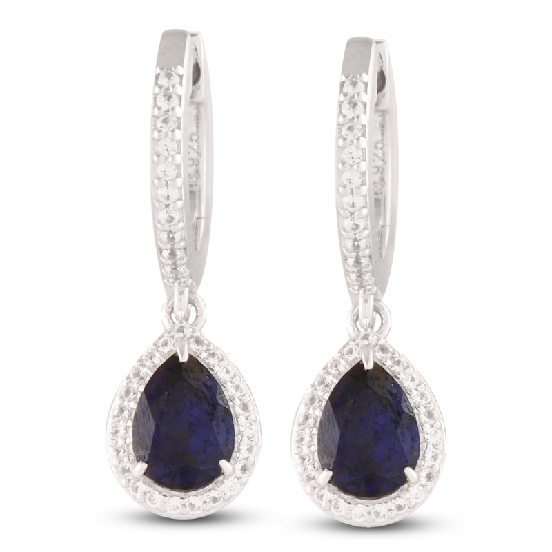 Main Image 1 of Pear-Shaped Blue Lab-Created Sapphire & White Lab-Created Sapphire Dangle Hoop Earrings Sterling Silver