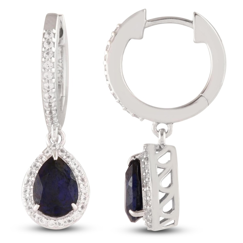 Main Image 2 of Pear-Shaped Blue Lab-Created Sapphire & White Lab-Created Sapphire Dangle Hoop Earrings Sterling Silver