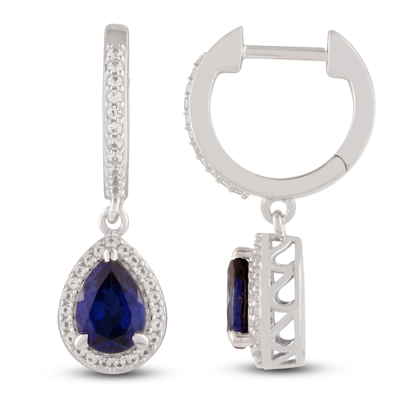 Main Image 3 of Pear-Shaped Blue Lab-Created Sapphire & White Lab-Created Sapphire Dangle Hoop Earrings Sterling Silver