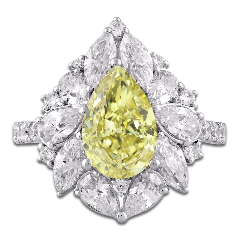 Main Image 3 of Pear-Shaped Yellow Lab-Grown Diamond & White Lab-Grown Diamond Halo Fashion Ring 4-1/2 ct tw 14K White Gold