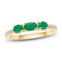 Oval-Cut Natural Emerald & Diamond Three-Stone Ring 1/20 ct tw 10K Yellow Gold
