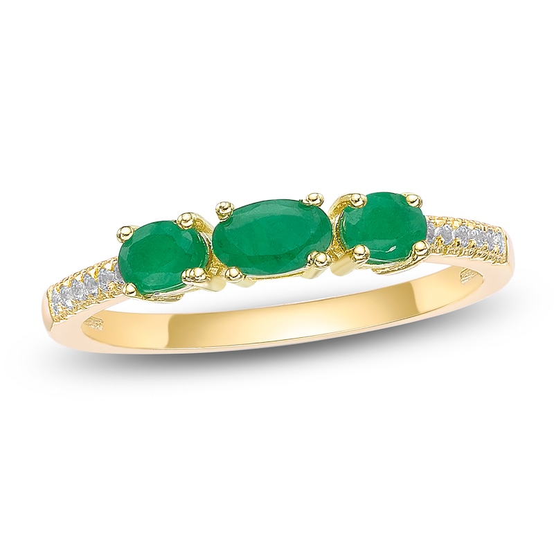 Main Image 1 of Oval-Cut Natural Emerald & Diamond Three-Stone Ring 1/20 ct tw 10K Yellow Gold
