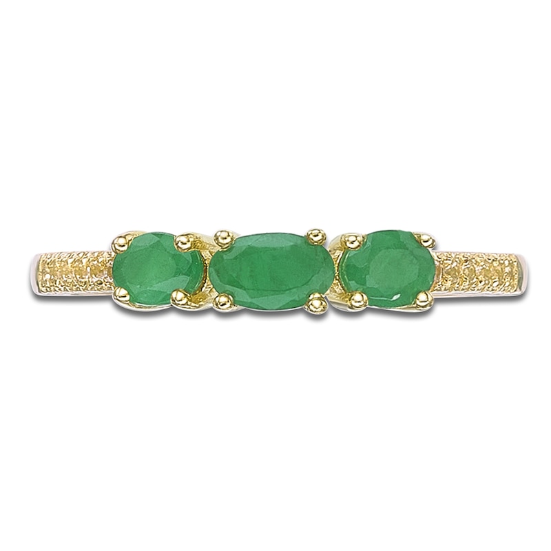 Main Image 3 of Oval-Cut Natural Emerald & Diamond Three-Stone Ring 1/20 ct tw 10K Yellow Gold