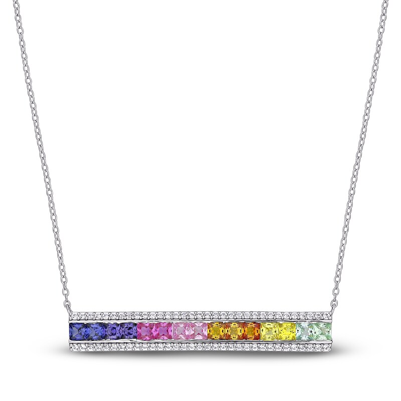 Main Image 1 of Square-Cut Multicolor Lab-Created Sapphire Bar Necklace Sterling Silver 18"