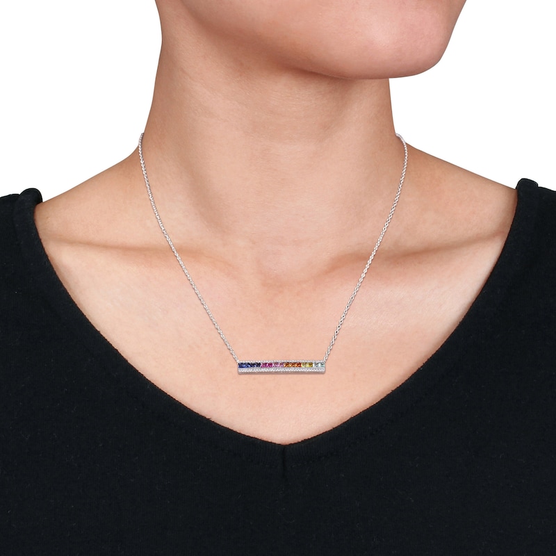 Main Image 3 of Square-Cut Multicolor Lab-Created Sapphire Bar Necklace Sterling Silver 18"