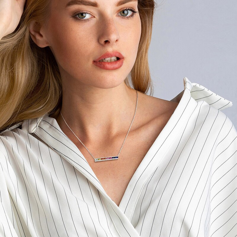 Main Image 4 of Square-Cut Multicolor Lab-Created Sapphire Bar Necklace Sterling Silver 18"