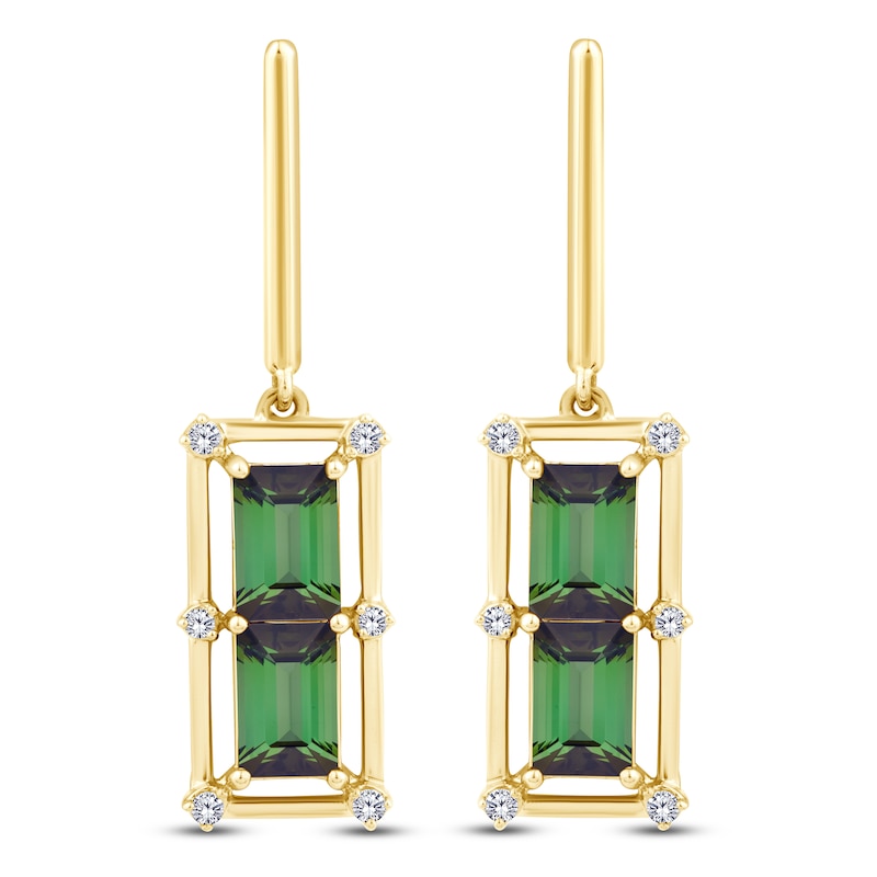 Main Image 1 of Baguette-Cut Brazilian Cruzeiro Tourmaline & Diamond Drop Earrings 1/10 ct tw 14K Yellow Gold
