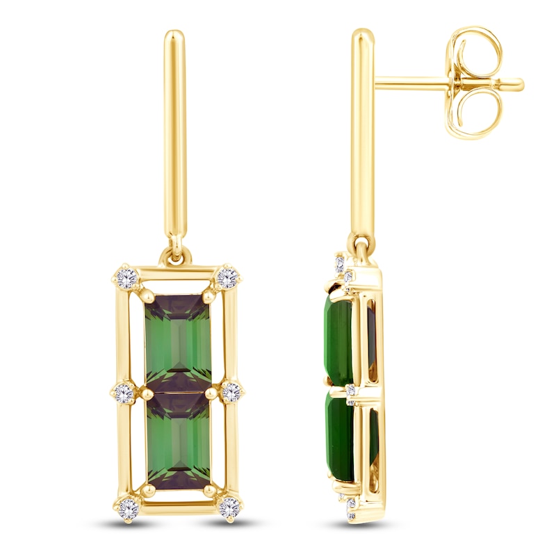 Main Image 2 of Baguette-Cut Brazilian Cruzeiro Tourmaline & Diamond Drop Earrings 1/10 ct tw 14K Yellow Gold