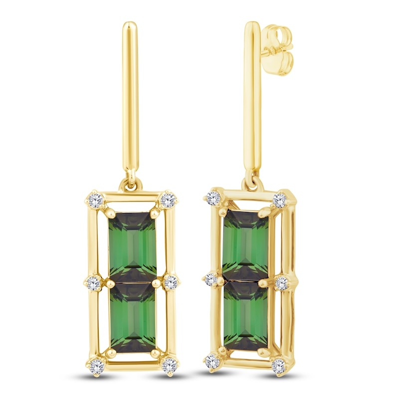 Main Image 3 of Baguette-Cut Brazilian Cruzeiro Tourmaline & Diamond Drop Earrings 1/10 ct tw 14K Yellow Gold