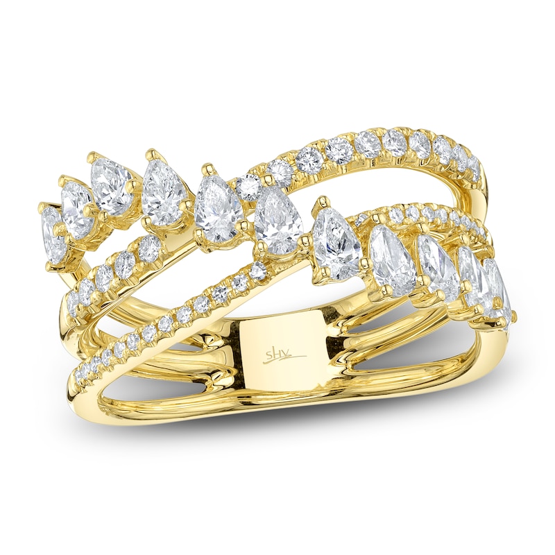 Main Image 1 of Shy Creation Pear-Shaped & Round-Cut Diamond Three-Row Crossover Ring 1 ct tw 14K Yellow Gold