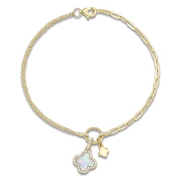 Shy Creation Natural Mother-of-Pearl & Diamond Clover Bracelet 1/10 ct tw 14K Yellow Gold 7"
