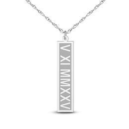 Roman Numeral Date Vertical Tag Necklace 14K White Gold 18"