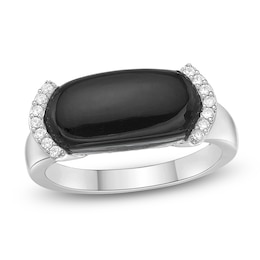 Oval-Cut Black Onyx & White Lab-Created Sapphire Ring Sterling Silver