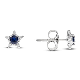 Natural Blue Sapphire Star Stud Earrings 1/20 ct tw Diamonds 14K White Gold