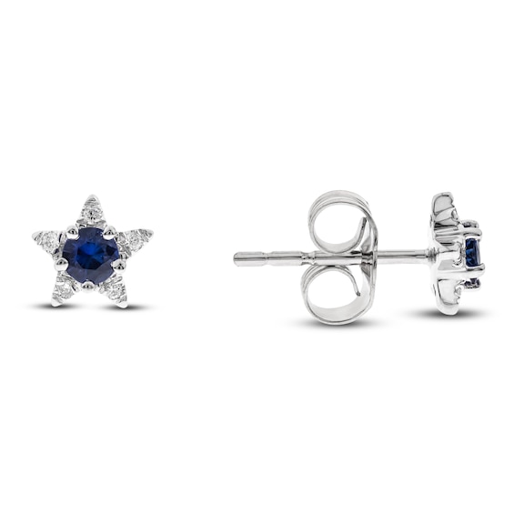 Natural Blue Sapphire Star Stud Earrings 1/20 ct tw Diamonds 14K White Gold