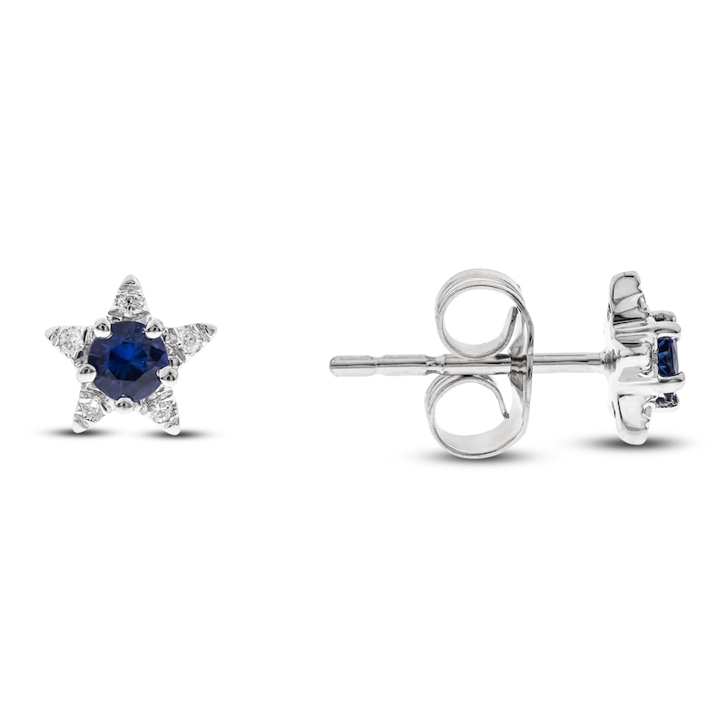 Main Image 1 of Natural Blue Sapphire Star Stud Earrings 1/20 ct tw Diamonds 14K White Gold