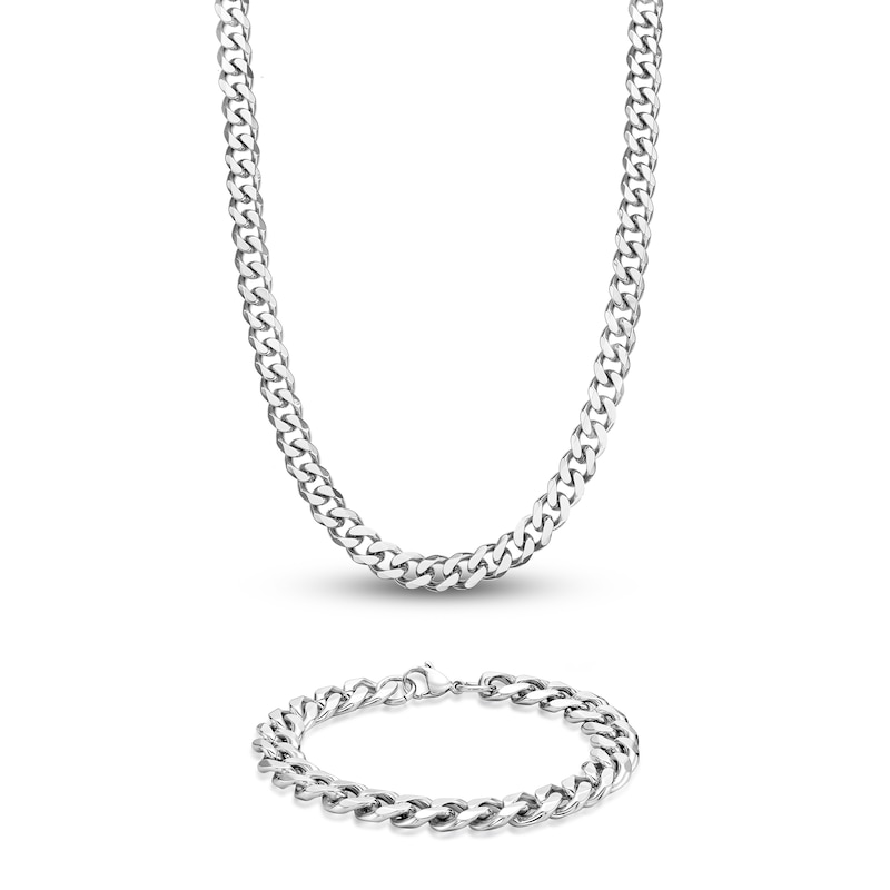 Men's Solid Curb Chain Necklace/Bracelet Set Stainless Steel