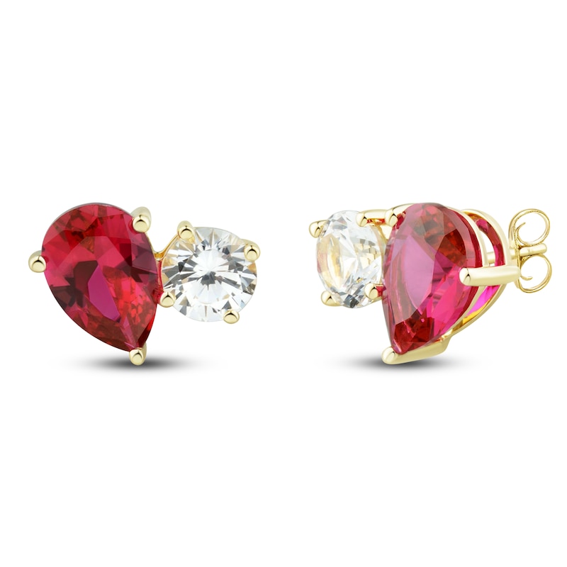 Lab-Created White Sapphire & Lab-Created Ruby Stud Earrings 10K Yellow Gold
