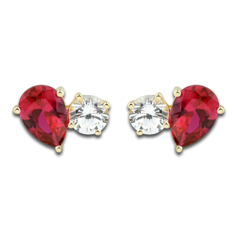 Lab-Created White Sapphire & Lab-Created Ruby Stud Earrings 10K Yellow Gold