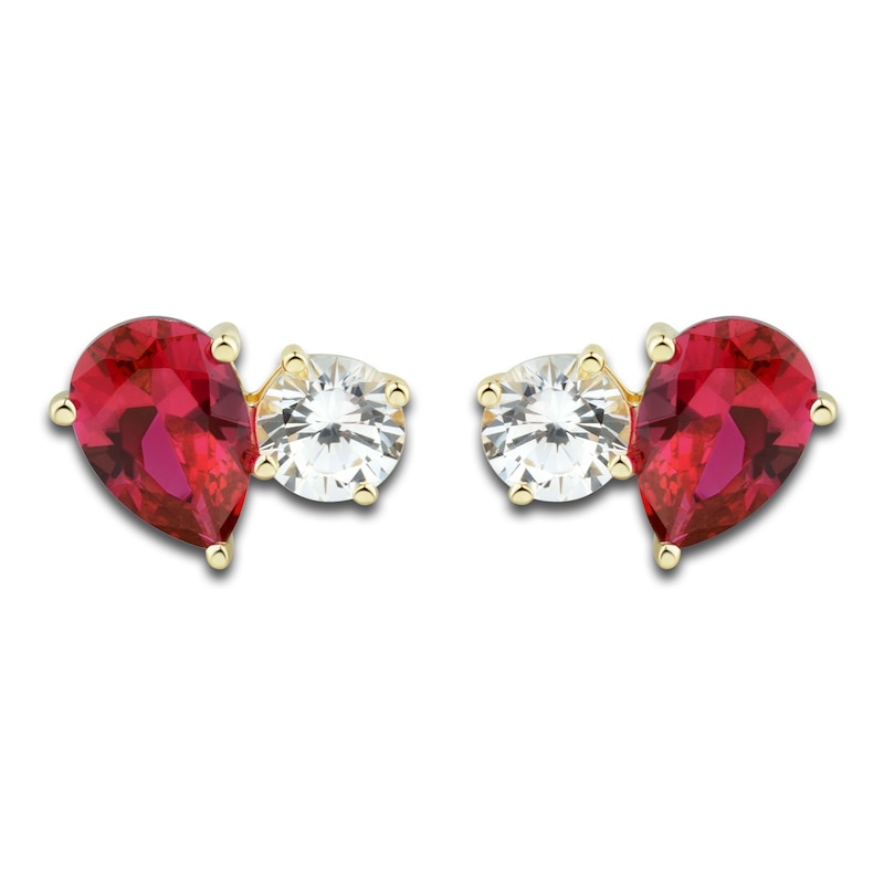 White Lab-Created Sapphire & Lab-Created Ruby Stud Earrings 10K Yellow Gold