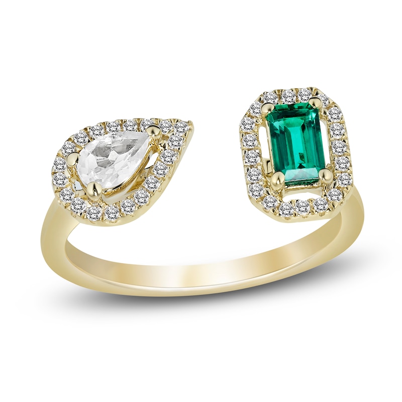 Main Image 1 of Lab-Created Emerald & White Lab-Created Sapphire Ring 10K Yellow Gold