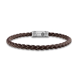 1933 by Esquire Men's Woven Brown Leather Bracelet Sterling Silver 8.5"
