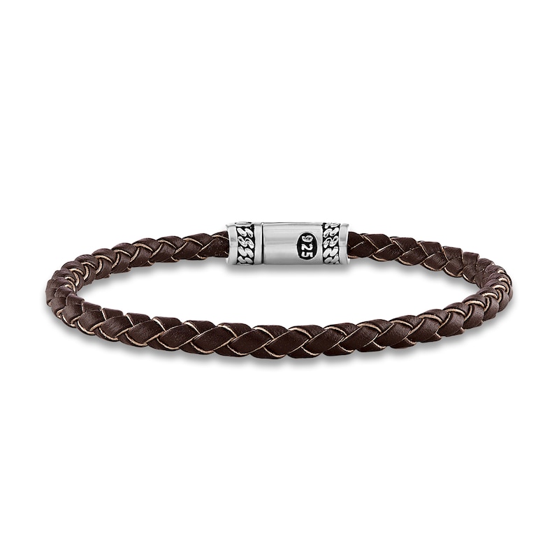 Main Image 1 of 1933 by Esquire Men's Woven Brown Leather Bracelet Sterling Silver 8.5"