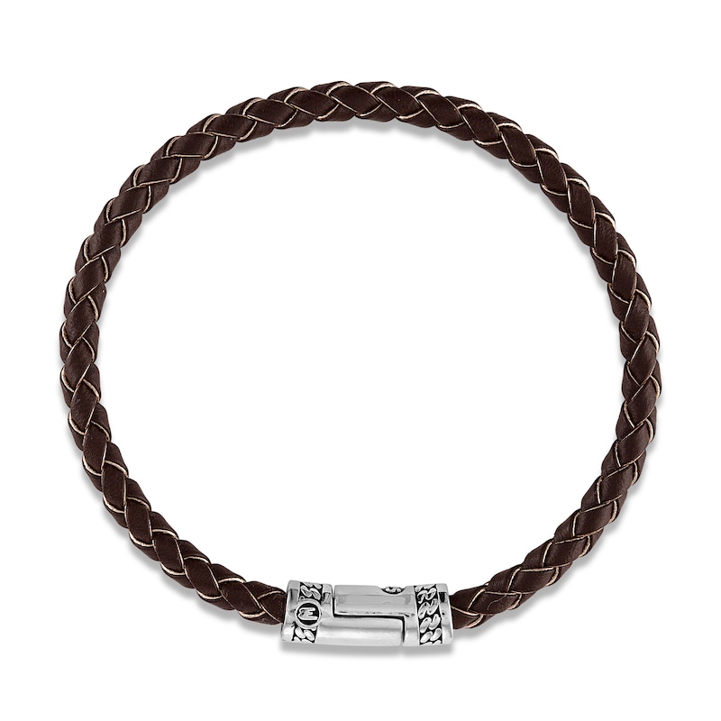 Main Image 2 of 1933 by Esquire Men's Woven Brown Leather Bracelet Sterling Silver 8.5"