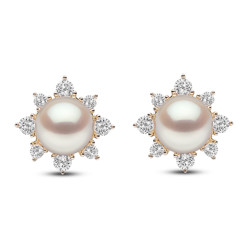 Pearl Stud Earrings in Sterling Silver with Pearls and Diamonds, 7.4mm