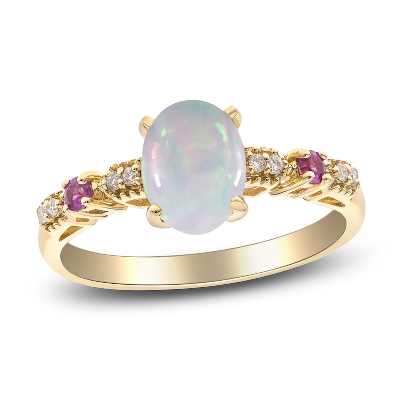 Main Image 1 of Natural Opal, Natural Pink Sapphire & Diamond Ring 1/20 ct tw 14K Yellow Gold