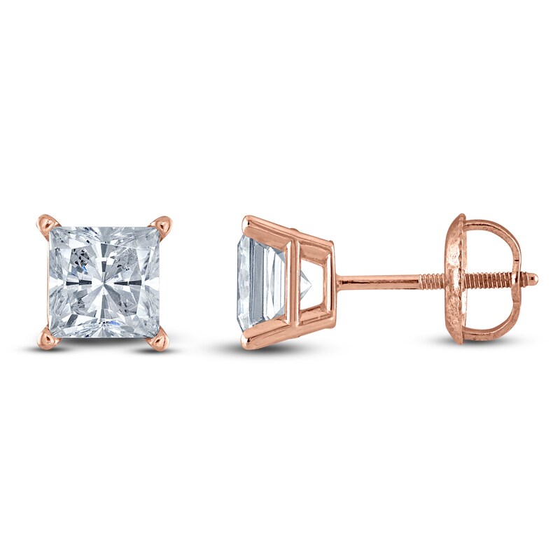Main Image 1 of Princess-Cut Diamond Solitaire Stud Earrings 1-1/5 ct tw 14K Rose Gold (I/I2)
