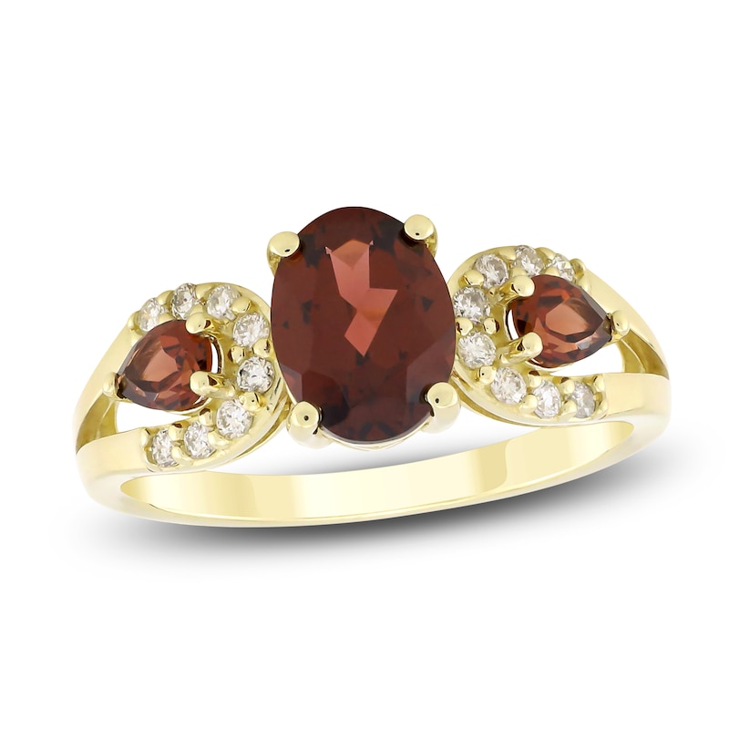 Main Image 1 of Oval & Pear-Shaped Natural Garnet & Diamond Ring 1/6 ct tw 10K Yellow Gold