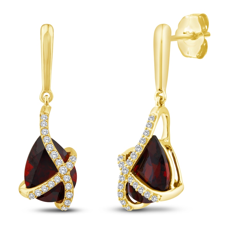 Main Image 2 of Pear-Shaped Natural Garnet & Diamond Dangle Earrings 1/10 ct tw 14K Yellow Gold