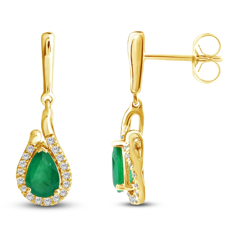 Main Image 1 of Pear-Shaped Natural Emerald & Diamond Dangle Earrings 1/8 ct tw 14K Yellow Gold