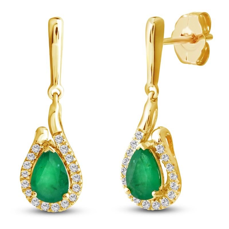 Main Image 2 of Pear-Shaped Natural Emerald & Diamond Dangle Earrings 1/8 ct tw 14K Yellow Gold
