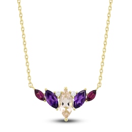Marquise-Cut Natural Morganite, Amethyst, Rhodolite Garnet & Diamond Accent Necklace 14K Yellow Gold 18"