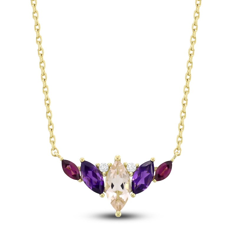 Main Image 1 of Marquise-Cut Natural Morganite, Amethyst, Rhodolite Garnet & Diamond Accent Necklace 14K Yellow Gold 18"