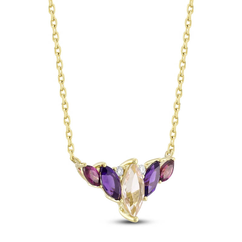 Main Image 2 of Marquise-Cut Natural Morganite, Amethyst, Rhodolite Garnet & Diamond Accent Necklace 14K Yellow Gold 18"