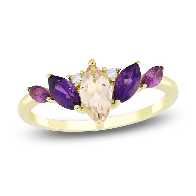 Main Image 1 of Marquise-Cut Natural Morganite, Amethyst, Rhodolite Garnet & Diamond Accent Ring 14K Yellow Gold