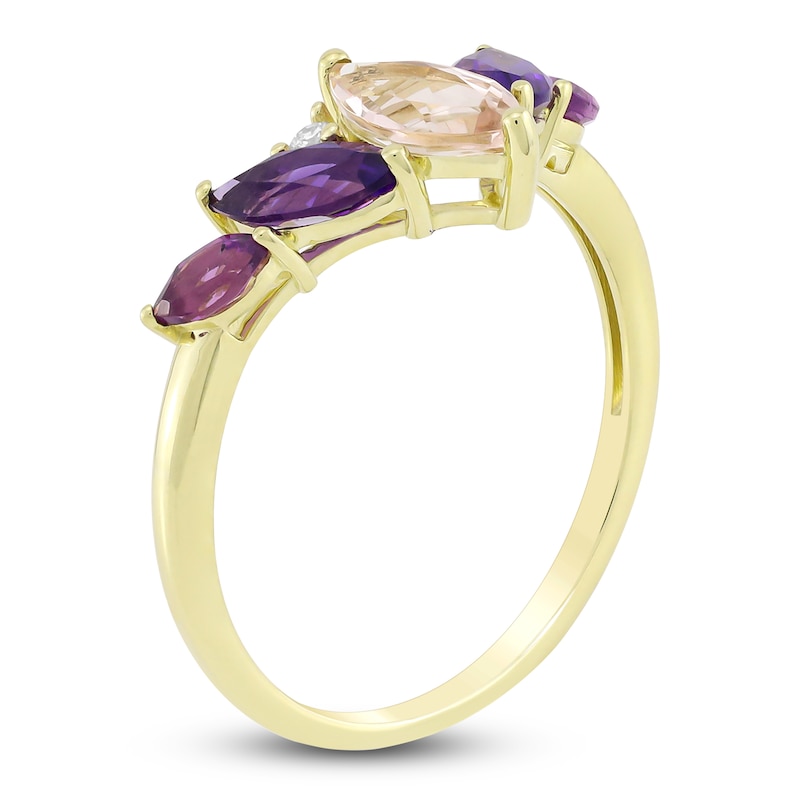 Main Image 2 of Marquise-Cut Natural Morganite, Amethyst, Rhodolite Garnet & Diamond Accent Ring 14K Yellow Gold
