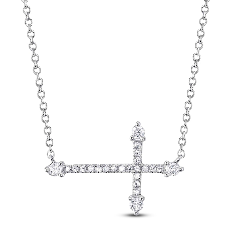 Main Image 1 of Shy Creation Diamond Sideways Cross Necklace 1/6 ct tw 14K White Gold 18" SC55020905V3