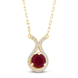 Round-Cut Natural Ruby & Diamond Necklace 1/10 ct tw 14K Yellow Gold 18"