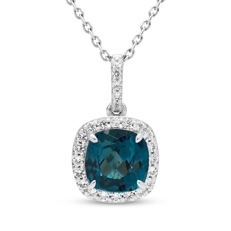 Main Image 1 of Cushion-Cut Natural London Blue Topaz & White Lab-Created Sapphire Halo Necklace Sterling Silver 18"
