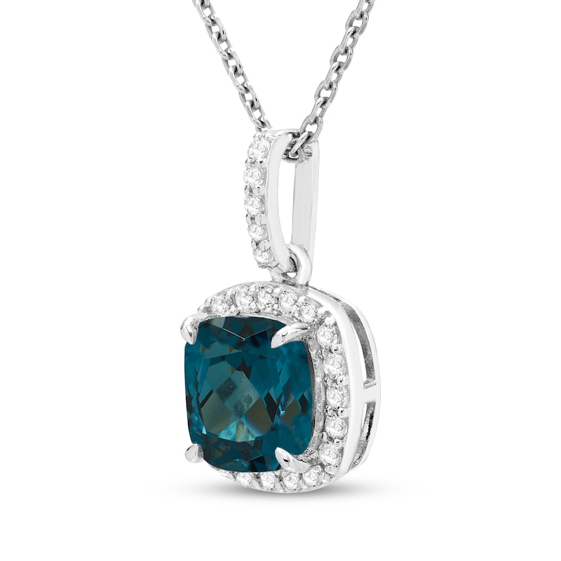Main Image 2 of Cushion-Cut Natural London Blue Topaz & White Lab-Created Sapphire Halo Necklace Sterling Silver 18"